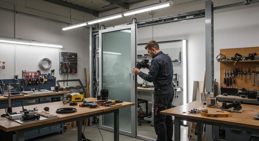 a well-lit modern workshop showcases a sleek sliding door being expertly repaired by a focused technician, surrounded by an array of precise tools and materials that emphasize the craftsmanship and professionalism inherent in the repair process.