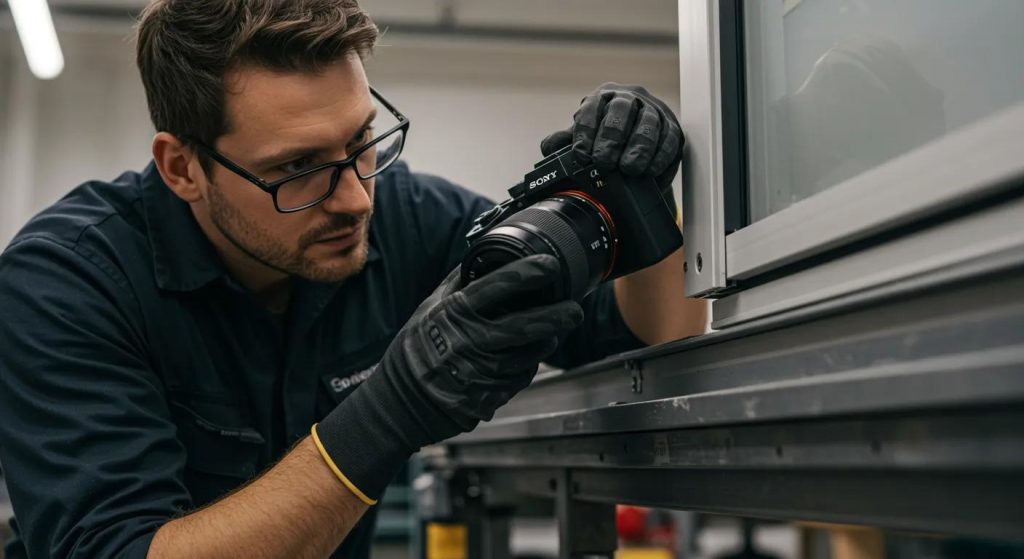 a close-up shot of a technician in a modern office workshop, meticulously inspecting a sliding door’s track and rollers with a focused expression, highlighting the intricate details of worn components and the importance of regular maintenance.