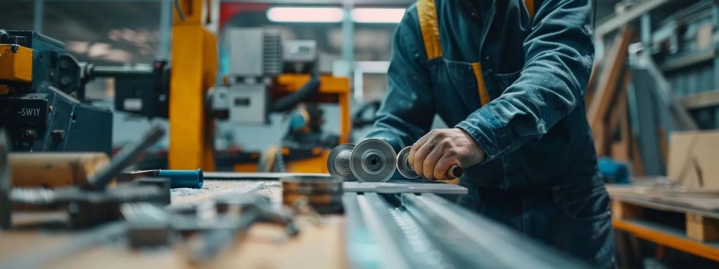 a close-up view of a skilled technician replacing a sliding door roller in a modern, well-lit workshop, showcasing the intricate mechanics of the door's track system against a backdrop of neatly organized tools.