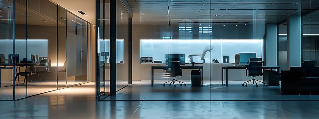 a sleek, modern office workspace features a well-maintained sliding glass door, showcasing the intricate mechanics of its repair process, highlighted by focused studio lighting.