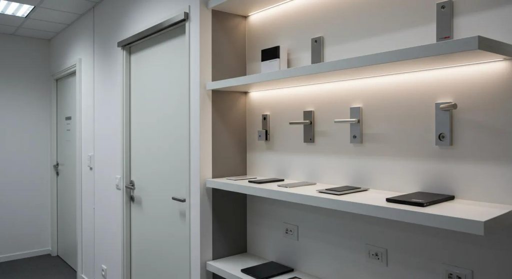 a polished, modern office space showcases various sleek sliding door hardware options elegantly displayed on a minimalist shelf, highlighting the importance of upgrades for performance and durability.