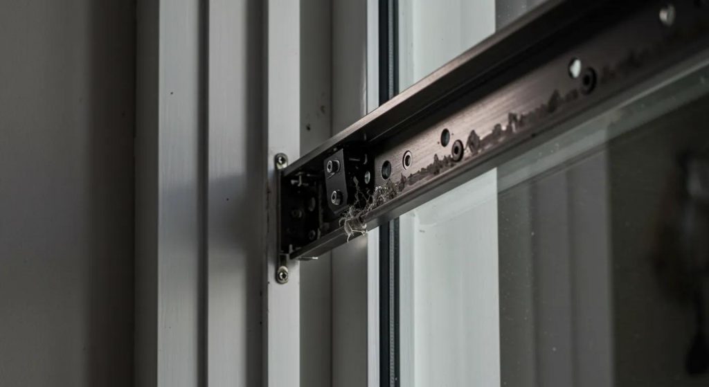 a close-up shot of a worn sliding door track in a modern indoor setting, showcasing the details of dents and debris obstructing smooth door movement, with focused lighting emphasizing the texture and wear.