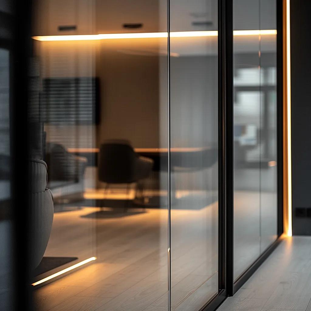 a close-up view of a sleek modern sliding door within a contemporary office setting, showcasing visible signs of wear and misalignment, illuminated by soft interior lighting to emphasize potential issues needing repair or replacement.